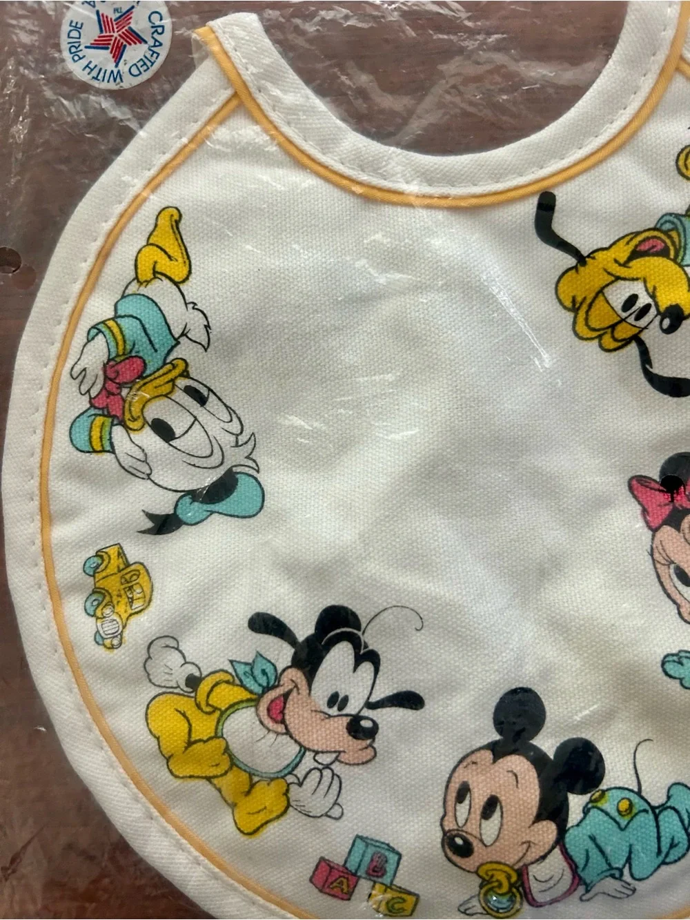 NEW 1984 Mickey Mouse Babies Quilted Back Circle Baby Bib - Disney -Made in USA